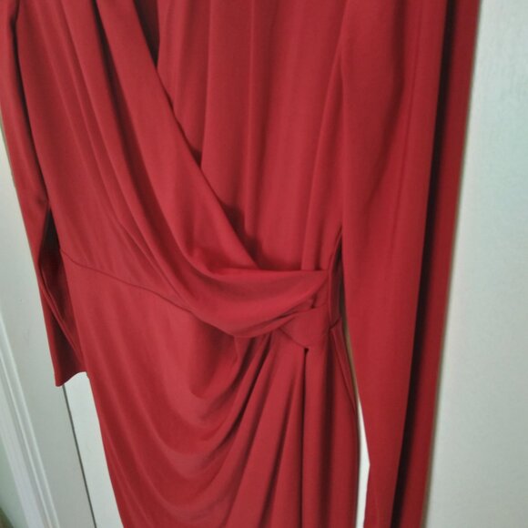 Ralph Lauren Red Surplice Neckline Draped Ruched Long Sleeved Stretch Dress Sz12 - Picture 5 of 14